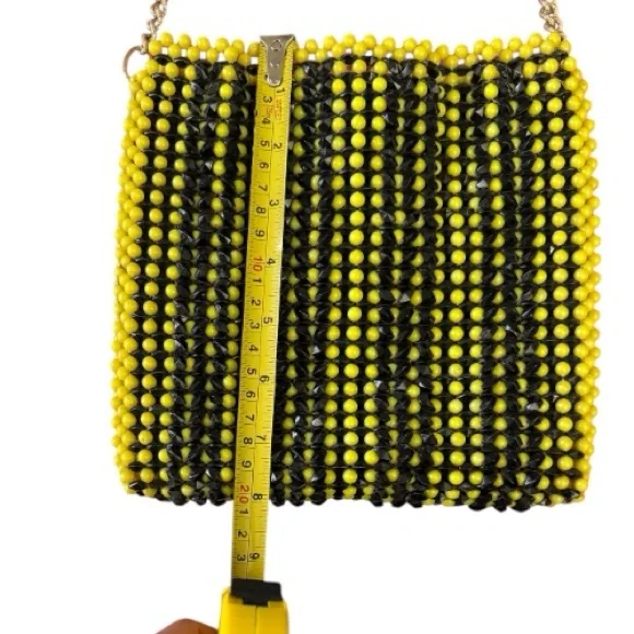 vintage beaded purse yellow and black with gold chain